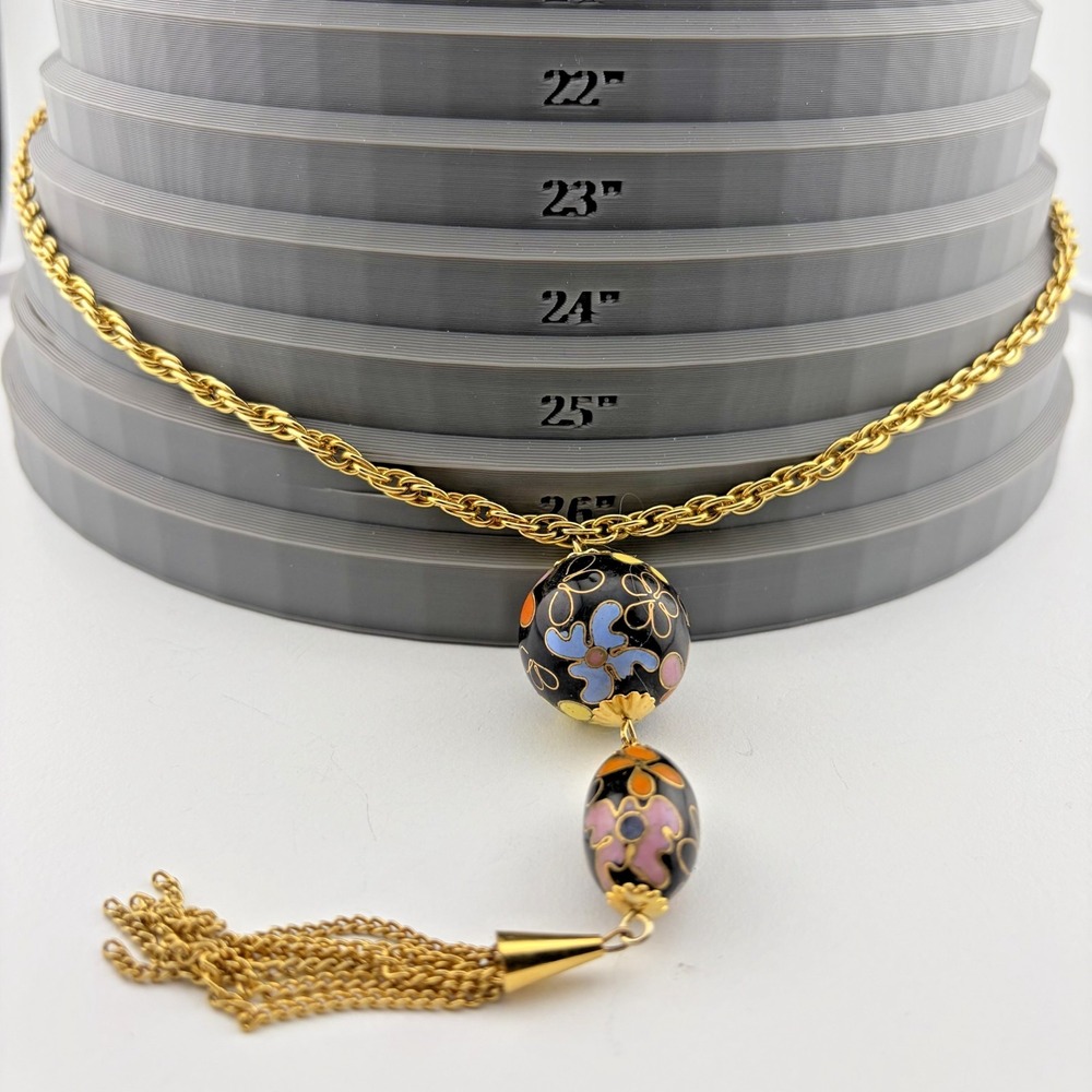 Vintage Cloisonne Enamel Floral Bead Tassel Necklace Long Gold Tone Chain‎ 26" - Picture 6 of 10
